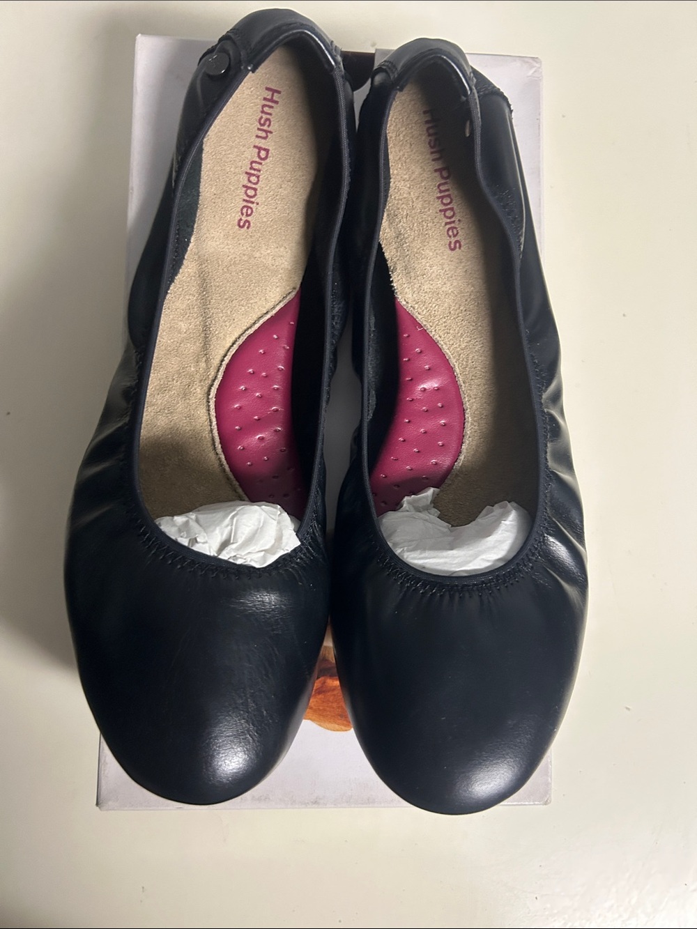 Hush Puppies Women's Black Leather Ballet Flats with Pink Insole Accent